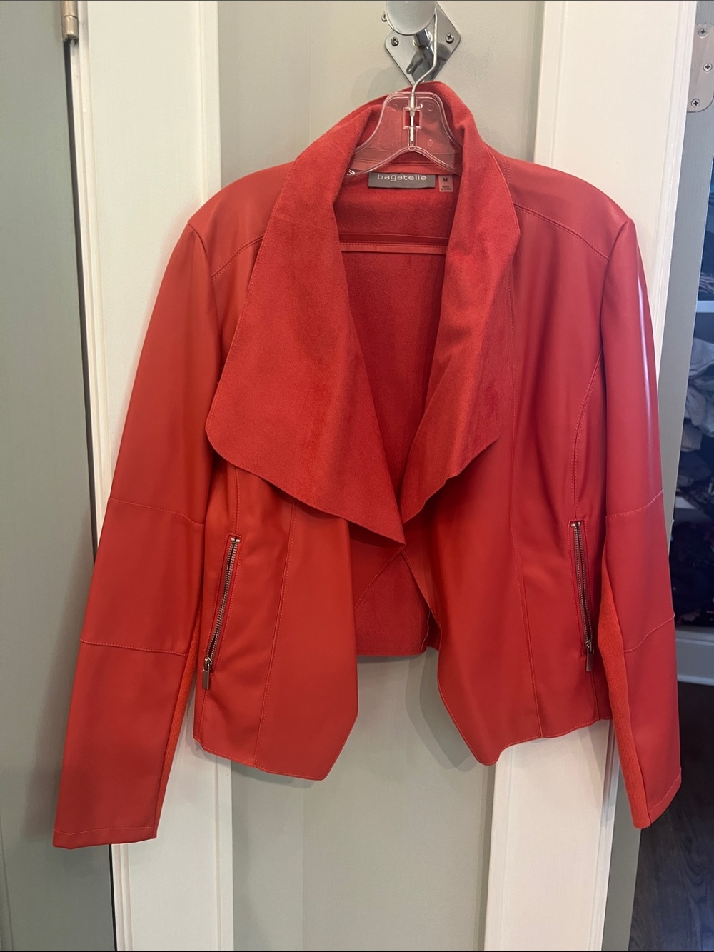 bagatelle coral Red Draped Leather Jacket with Suede Collar